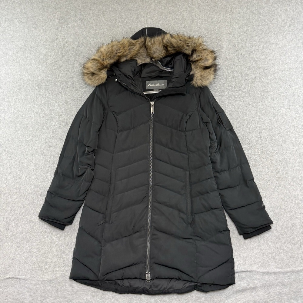 Eddie Bauer Coat Womens MP Black Winter Down Puffer Quilted Parka Faux Fur Hood